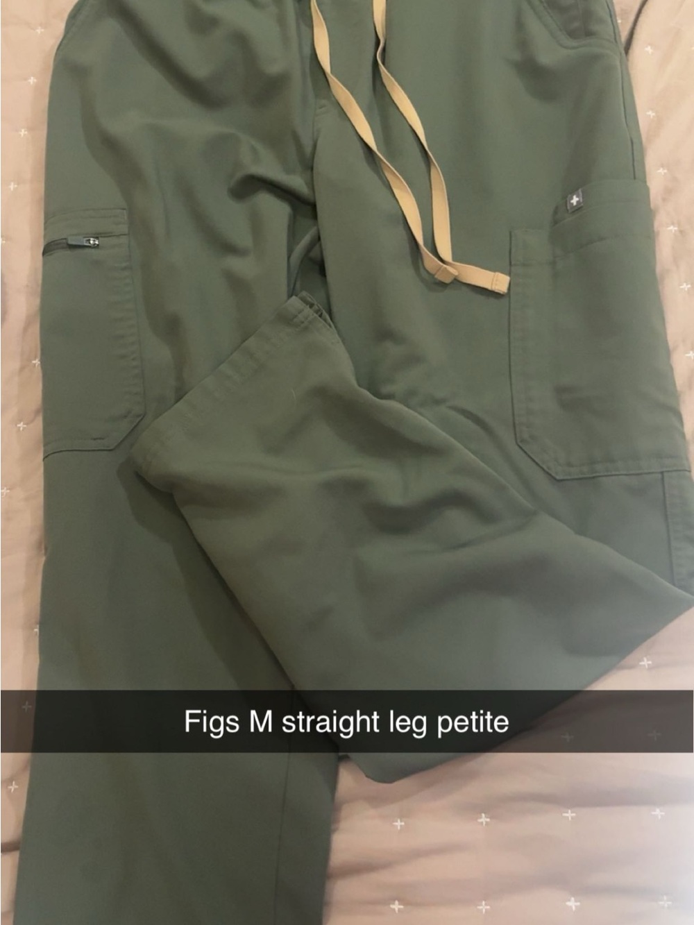 Figs Women’s Cargo Scrub Pants in Olive Green with Tan Drawstrings